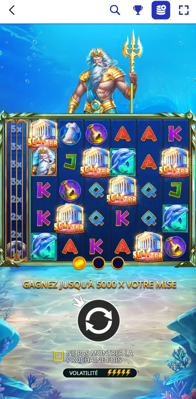 Slot Poséidon – gagnez jusqu’à 5000 fois votre mise Machine à sous thématique Poséidon avec multiplicateurs et symbole Scatter
